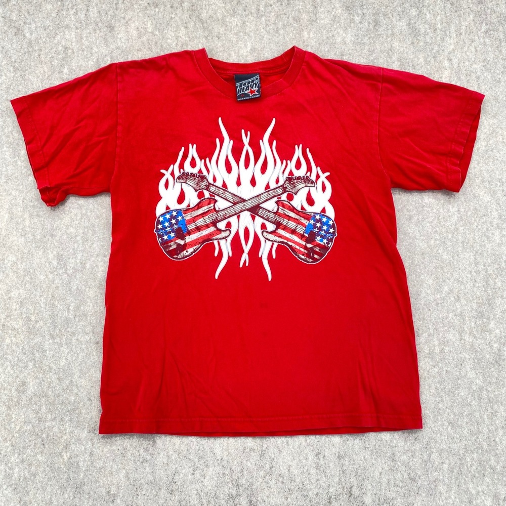 Top Heavy Mens Red Graphic T-Shirt American Flag Crossed Guitars Flames Medium